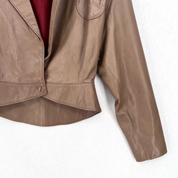 VINTAGE 80s Leather Jacket Womens Small Taupe Brown Cropped Julio De Rodriguez - Picture 9 of 16